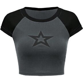 SOLY HUX Women's Color Block Star Print Short Sleeve Crop Tops Slim Fit Tee T Shirts