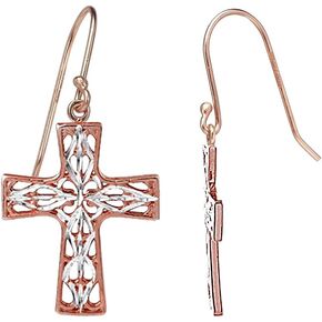 Sterling Silver Diamond-cut Filigree Cross Christian Jesus Dangle Earrings, One Pair Set