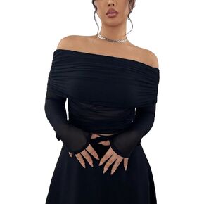 SweatyRocks Women's Casual Long Sleeve Off Shoulder Crop Tee Ruched Mesh Pullover T Shirt