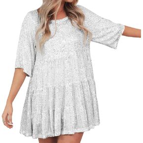 Women Sparkly Sequin Dress Short Flowy Tiered Tunic Dress Shiny Loose Glitter Party Club Night Out Mini Dress
