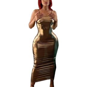 Women's Sleeveless See Through Metallic Maxi Dress Sexy Backless Spaghetti Strap Bodycon Party Club Dress