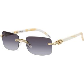 Retro Vintage Style Rimless Clear Lens Sunglasses for Women & Men Luxury Glasses Fashion Crystal Wood Eyewear Shades (Smoke Marble)