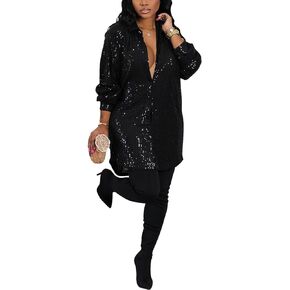 KOOBETON Women's Sequin Shirt Dress Button Down Long Sleeve Loose Fit Blouse Top Mini Dress Clubwear