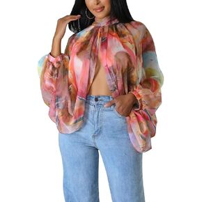 Womens Sexy Open Back Chiffon Blouses Lattern Sleeve See Through Slit Top Shirts
