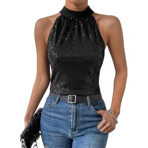 WDIRARA Women's Sequins Sleeveless Tie Back Halter Neck Blouse Party Tops