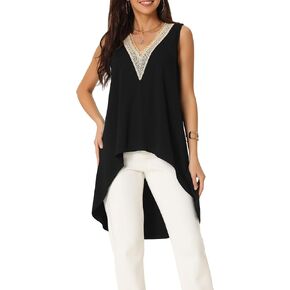 Women's High Low Asymmetrical Tops Sleeveless V Neck Irregular Hem Flowy Blouse Tops