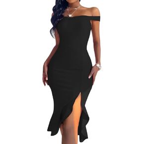 Floerns Women's Off The Shoulder Split Ruffle Hem Bodycon Midi Dress