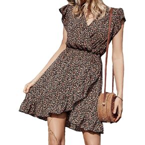 SweatyRocks Women's Floral Print Cap Sleeve Wrap V Neck Dress High Waist Ruffle Hem A Line Flowy Casual Holiday Dresses