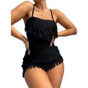 WDIRARA Women's 2 Piece Bikini Swimsuit Ruched Fringe Hem Swim Dress with Bikini Bottom