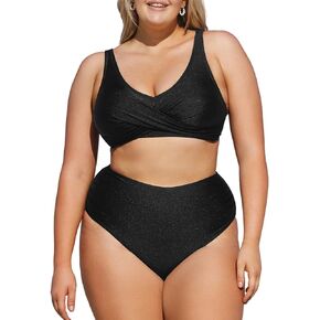 CUPSHE Women Swimsuit Plus Size Bikini Set High Waisted Wrapped Front Shiny Fabric Bathing Suit