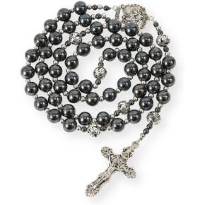 Nazareth Store Hematite Rosary Black Stone Beads Necklace Metal Beaded St. Michael Protector Medal & Cross Rosary For Men and Womens NS
