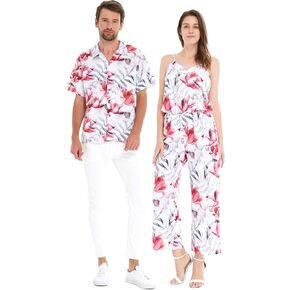 Matchable Couple Hawaiian Luau Shirt or V-Neck Jumpsuit with Pockets in Misty Lotus White