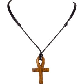 BlueRica Hand Carved Wood Ankh Cross Pendant on Adjustable Black Rope Cord Necklace