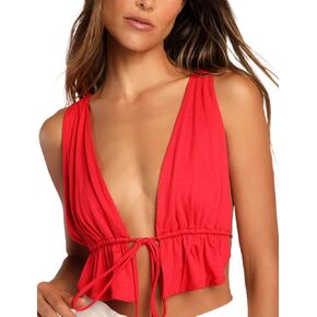 SHESEEWORLD Women's Sexy Sleeveless Camisole Vest Drawstring Lace Up Deep V Neck Ruffle Tank Crop Top