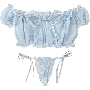 المرأة لطيف شبكة الملابس الداخلية مجموعة مثير البرازيلي وسراويل داخلية بيبي دول Kawaii شير الذاتي التعادل كشكش تقليم دوبي أعلى وأسفل مجموعة in Kuwait