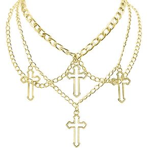 COLORFUL BLING Goth Cross Choker Necklace Gothic Layered Chunky Pendant Necklaces Egirl Silver Plated Long Multilayer Chains 40 inches For Women Teen Girls