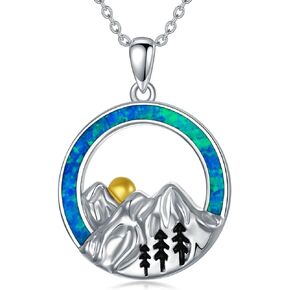 OCJ Mountain Necklace Sterling Silver Blue Opal Mountain Pendant Necklace Nature Jewelry Gifts for Hikers, Climbers and Nature Lover, Birthday Christmas Gifts