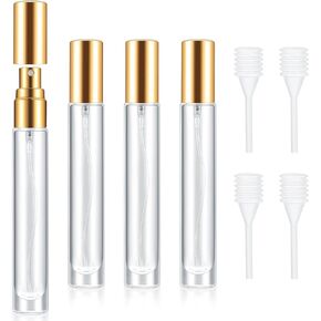 4 Pcs 10ml/3oz Fine Mist Glass Atomizer Bottles, Mini Refillable Spray Bottles, Small Empty Spray Bottles, Portable Sample Containers Sample Vials for Travel Essential Oil (Gold)
