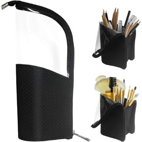 Black Travel Makeup Brush Holder 2-Pack, Organizer Bag Clear Plastic Cosmetic Zipper Pouch Portable Waterproof Dust-Free Stand-Up Small Toiletry Stationery Bag with Divider