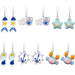 6 Pairs Irregular Ocean Nautical Anchor Rudder Earrings Personality Earthen Jar/Starfish/Fishbone Drop Dangle Earrings Jewelry Gifts For Women Girls