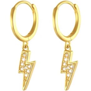 Dangle CZ Lightning Bolt Cartilage Small Hoop Earrings for Women Girls Sterling Silver Gold Plated Thunder Charm Dipped Huggie Hoops Fashion Jewelry Birthday Gift