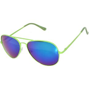 Classic Aviator Sunglasses Neon Green Metale Frame with Spring Hinge Blue Mirror Lens