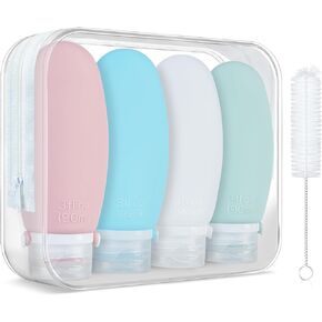 زجاجات السفر لأدوات الزينة، 4 عبوات من السيليكون بحجم 3 أونصة معتمدة من إدارة أمن المواصلات الأمريكية (TSA)، حاويات بحجم السفر لمستلزمات الزينة، زجاجات أدوات الزينة الرباعية المقاومة للتسرب والقابلة لإعادة الملء للشامبو والبلسم واللوشن in Kuwait