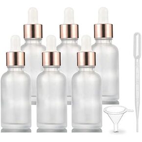 6 Pack,Frosted Glass Essential Oil Dropper Bottle,Empty Glass Liquid Container Holder With Glass Eye Dropper,Rose-Golden Caps Travel Perfume Cosmetic Container-Pipette&Funnel included (50ml/1.7 Ounce)