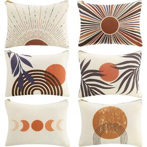 6 Pieces Boho Makeup Bag Sunshine Ray Makeup Bag Palm Leaf and Geometry Symbols Abstract Shapes Illustrations Modern Boho Nature Cosmetic Pouch Mid Centry Decor Travel Accessory Pouch
