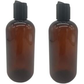 Natural Farms 8 oz Plastic Amber Boston BPA FREE Bottles - 2 Pack Empty Refillable Containers - Essential Oils - Aromatherapy - Black Smooth Disc Cap - Made in the USA