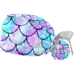 Mermaid Scales Working Cap with Button & Sweatband, 2 Packs Reusable Surgical Surgery Hats Ponytail Holder, Multi Color, Multicolor, Medium-3X-Large