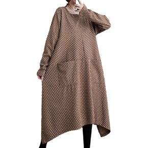 ellazhu Women's Loose Crew Neck Vintage Long Sleeve Irregular Dress with Pockets GZ43