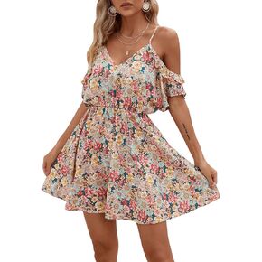 SweatyRocks Women's Boho Floral Print Short Sleeve Cold Shoulder Cami Dress Ruffle Hem Short Dresses
