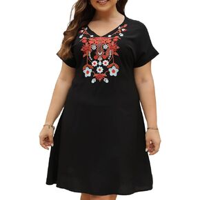 Higustar Plus Size Embroidered Dress for Women Mexican Peasant Boho Floral Tradition Fiesta Bohemian Summer Hippie Dresses
