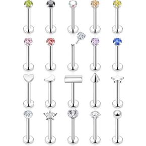 Vsnnsns 16G 18G 20G Threadless Push in Lip Rings Stainless Steel Flat Back Nose Rings Studs Earrings Tragus Helix Conch Cartilage Lobe Earrings Stud Piercing Jewelry for Women Men CZ 20Pcs