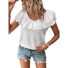 Floerns Women's Casual Ruched Short Flounce Sleeve V Neck Ruffle Trim Solid Blouse