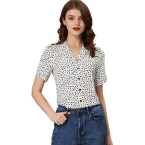 Allegra K Women's Polka Dots V Neck Short Sleeve Button Down Vintage Blouse