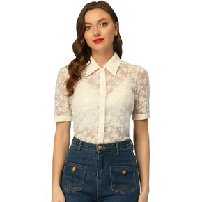 Allegra K Floral Lace Shirt for Women's 2023 Short Sleeve Semi Sheer Button Down Blouse