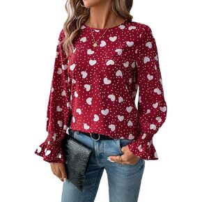 Floerns Women's Round Neck Trim Flounce Long Sleeve Elegant Satin Silk Blouse Tops