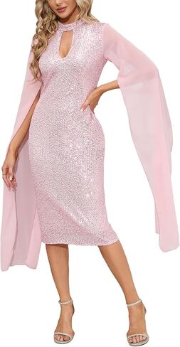 VERWIN Long Sleeve Round Neck Patchwork Plain Women's Bodycon Dress Flare Sleeve Midi Dress in Saudi Arabia
