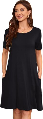 فساتين الصيف النسائية 2024 فستان تي شيرت غير رسمي كم قصير فضفاض فستان الشمس المتدفق سوينغ تونك فستان مع جيوب in Kuwait