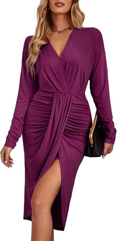 KOJOOIN Women's Long Sleeve Wrap V Neck Ruched Bodycon Dress High Empire Waist Slit Hem Sexy Cocktail Party Midi Dress in Saudi Arabia