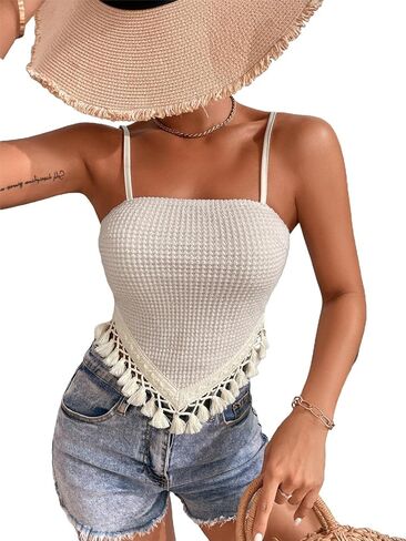 OYOANGLE Women's Spaghetti Strap Boho Sleeveless Rib Knit Cute Backless Cami Crop Top in Saudi Arabia