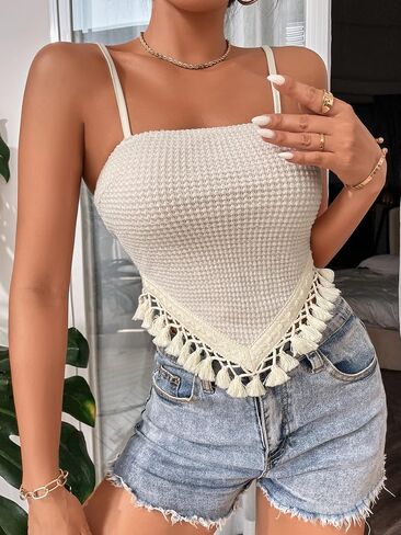 OYOANGLE Women's Spaghetti Strap Boho Sleeveless Rib Knit Cute Backless Cami Crop Top in Saudi Arabia