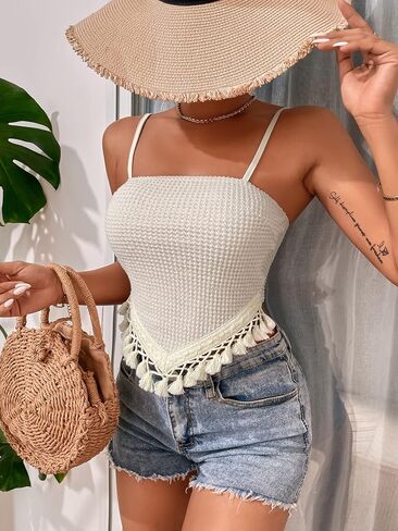 OYOANGLE Women's Spaghetti Strap Boho Sleeveless Rib Knit Cute Backless Cami Crop Top in Saudi Arabia