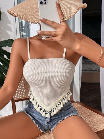 OYOANGLE Women's Spaghetti Strap Boho Sleeveless Rib Knit Cute Backless Cami Crop Top in Saudi Arabia
