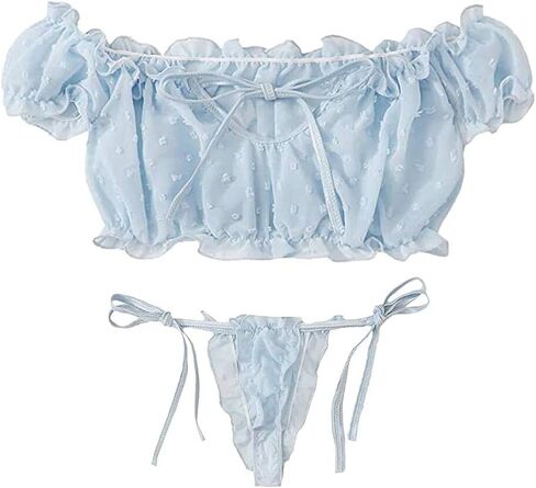 المرأة لطيف شبكة الملابس الداخلية مجموعة مثير البرازيلي وسراويل داخلية بيبي دول Kawaii شير الذاتي التعادل كشكش تقليم دوبي أعلى وأسفل مجموعة in Kuwait