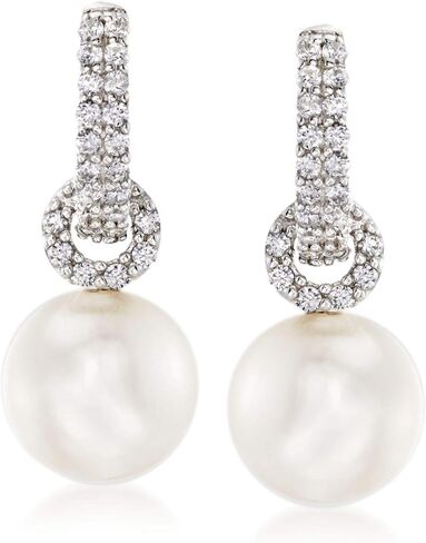 Ross-Simons Cultured Pearl and 50 ct. t.w. CZ Hoop Drop Earrings in Sterling Silver in Saudi Arabia