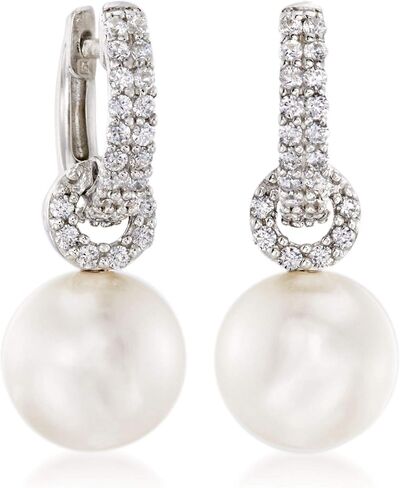 Ross-Simons Cultured Pearl and 50 ct. t.w. CZ Hoop Drop Earrings in Sterling Silver in Saudi Arabia