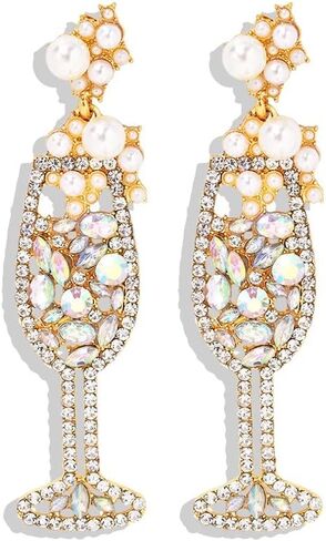 Champagne Wine Glass Dangling Stud Earrings Crystal Cubic Zirconia Pearl Cocktail Cup Dangle Charm Drop Earring Fashion Jewelry Gifts for Women Girls Daughter Sensitive Ears in Saudi Arabia